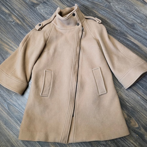Zara Jackets & Blazers - Zara Woman Camel Wool Blend Asymmetrical Zip Funnel Neck Moto Coat Tan XS